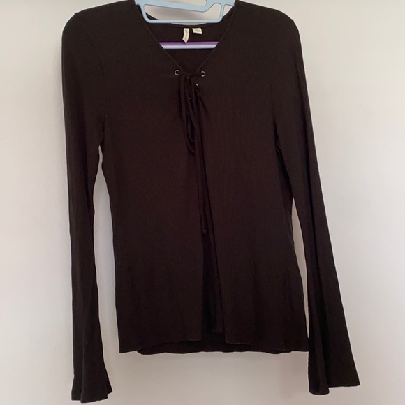 Cato Tops - CATO soft Lace Up Black Top with Bell Sleeves L